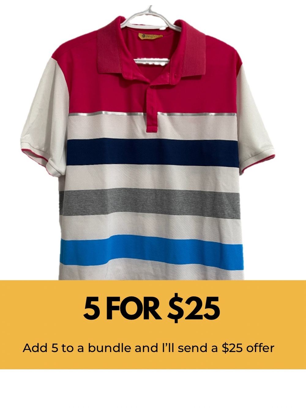 Polo Golf Shirt with Multi-Color Stripes - Pink, Blue, Gray, White